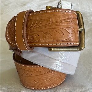 American Eagle Tan Floral Tooled Leather Western Belt Brass Buckle XS NWT